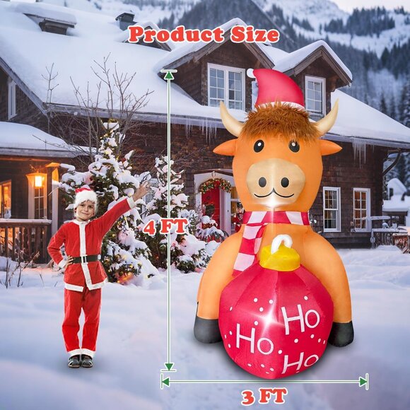 4FT Christmas Inflatable Cow with LED Lights Blow Up Yard Garden Holiday Decor - Picture 4 of 7